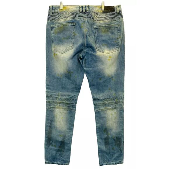 Embellish Mens Jeans‎ 38 x 33 Distressed Destroyed Biker Moto Gold Blue Denim - Picture 2 of 14